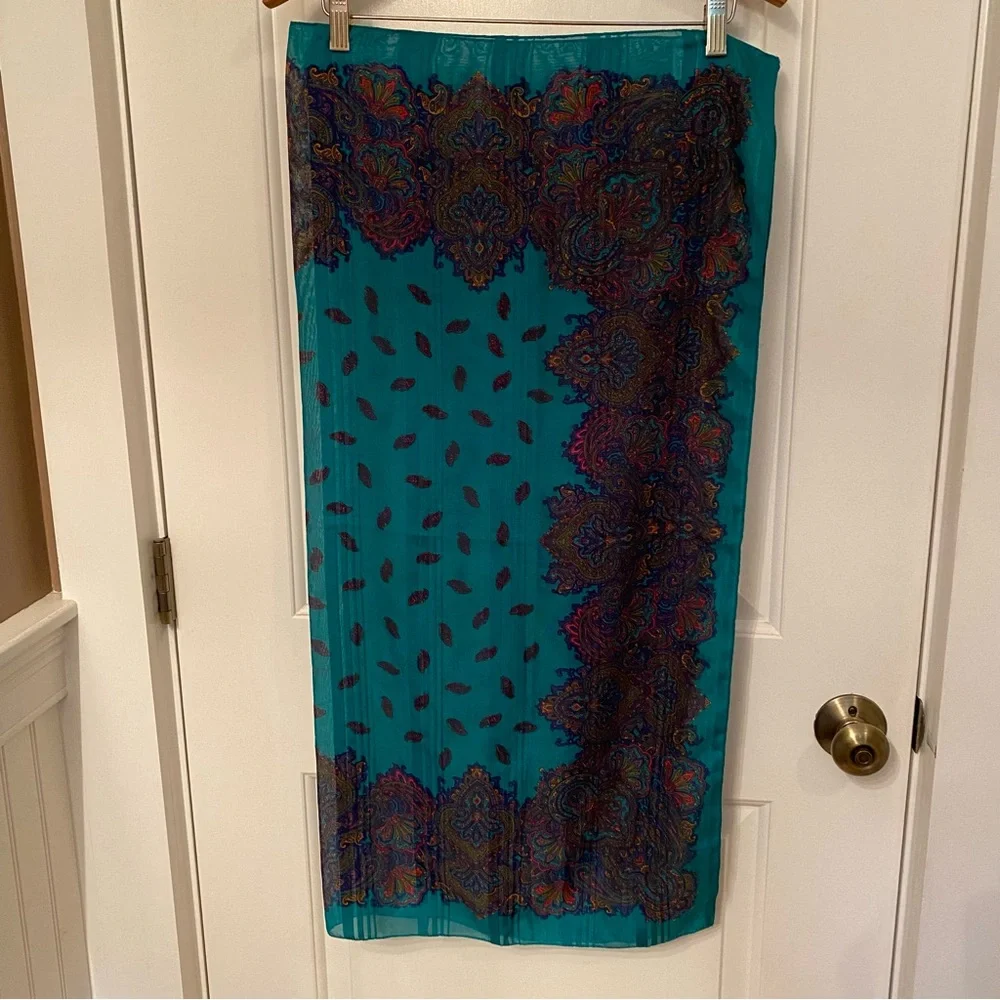 I. SHALOM SCARF ITALY VINTAGE GREEN BLUE RED LARGE SQUARE PAISLEY ACCESSORY